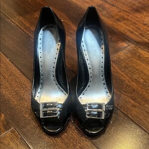 BCBGirls Black Peep-Toe Heels with Buckle Detail